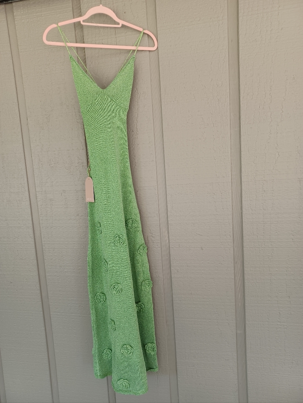 Meshki Suki Metallic Knit Maxi Dress Size M Women Tie Open Back In Pastel Green - Picture 2 of 15